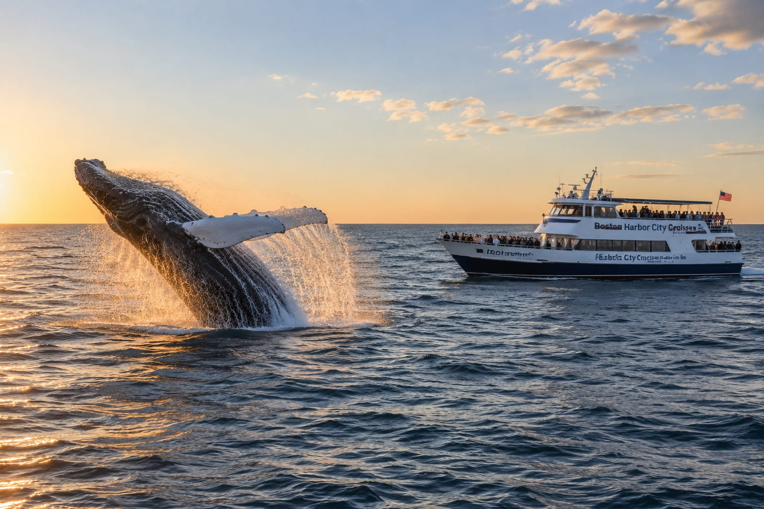 Boston whale watch tour — sailing vessel alongside surfacing whales in open water