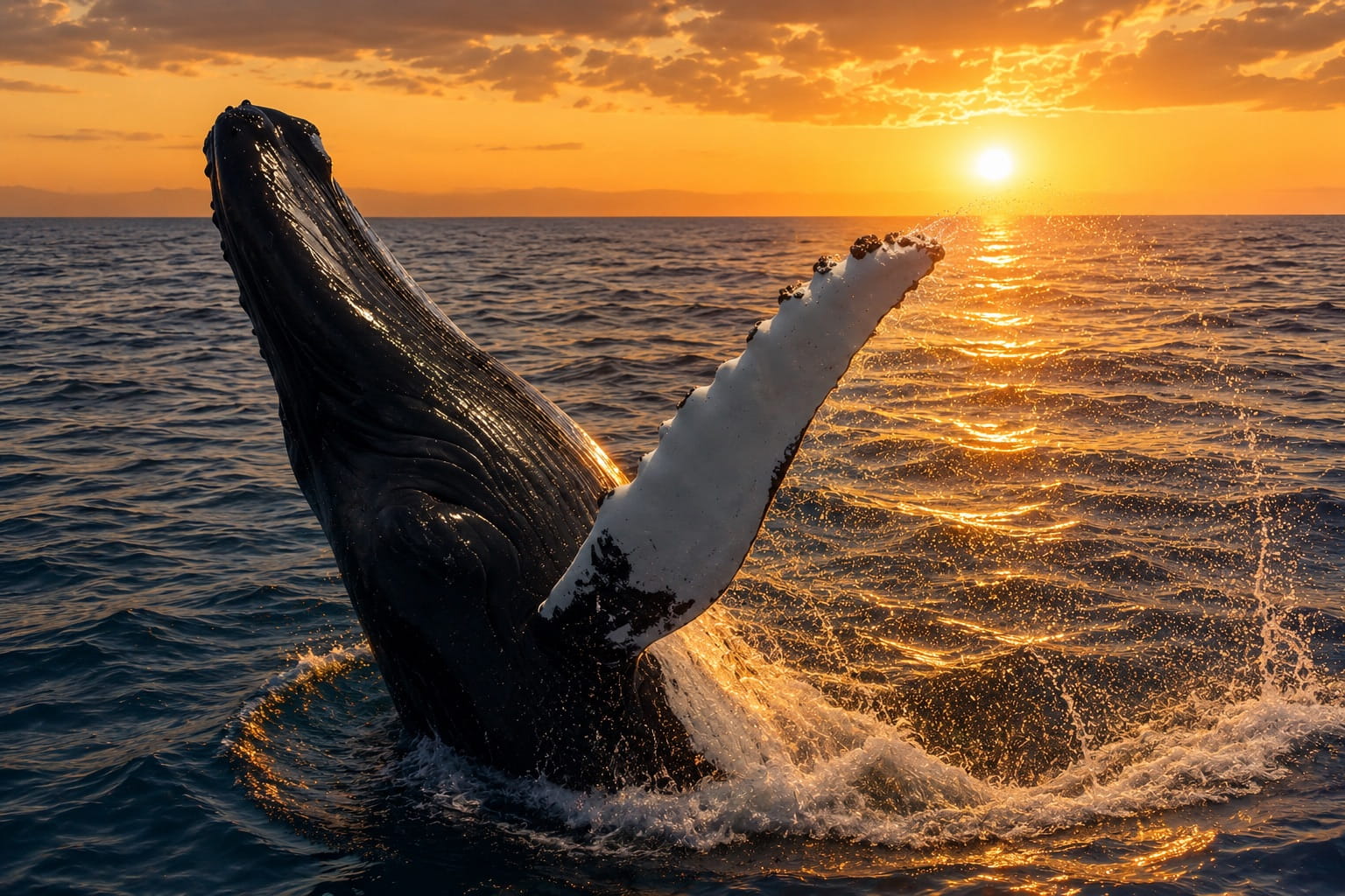 Boston whale watch tours — humpback whale breaching beside a whale watching vessel at sunset