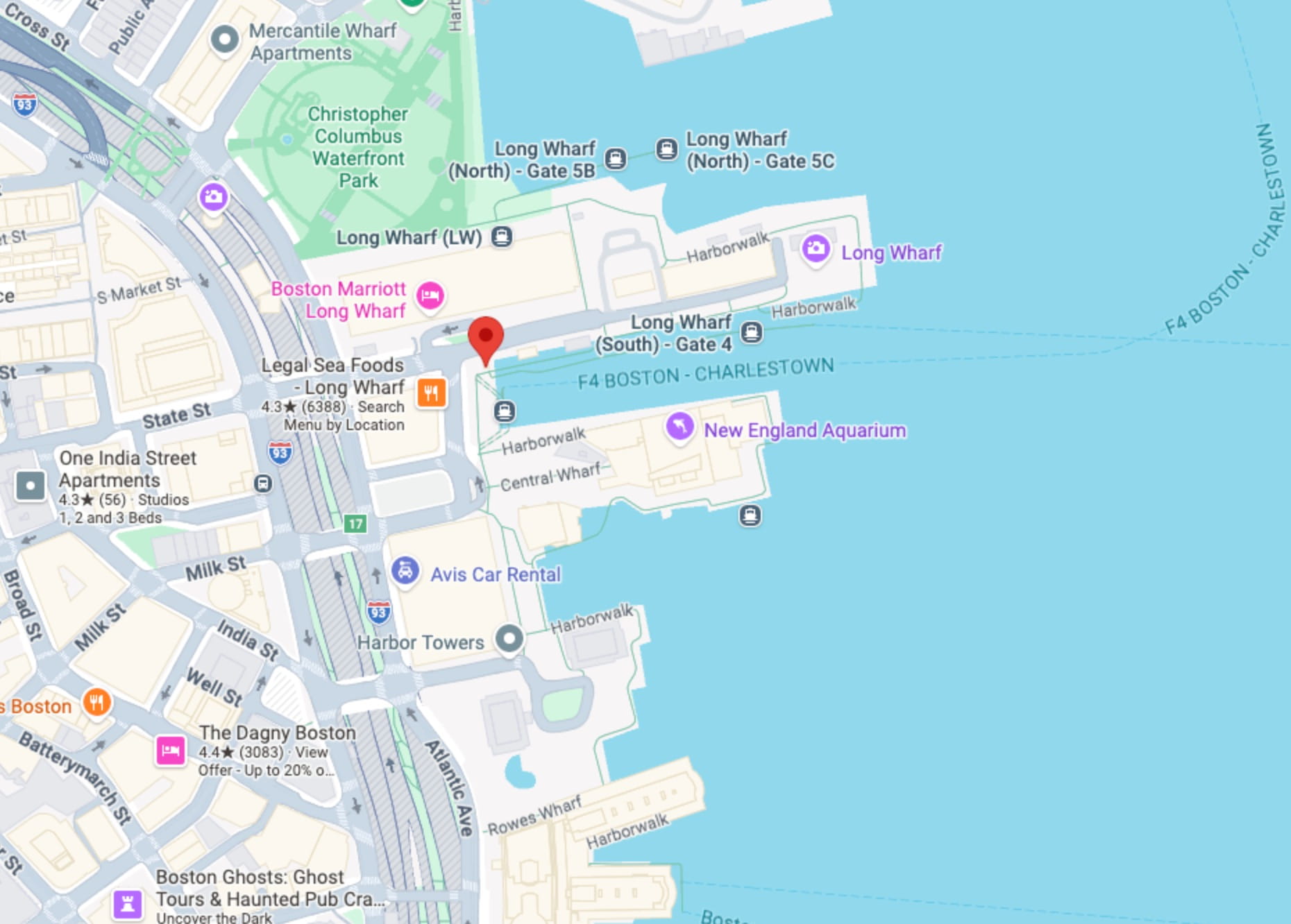 Google Maps showing Long Wharf Boston Harbor whale watching tour departure point